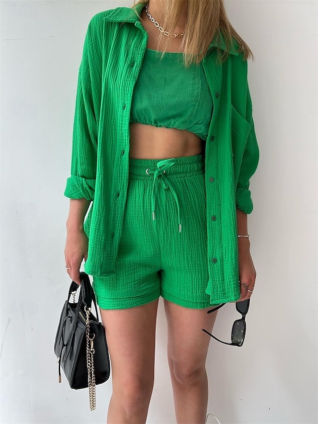  Women's Elegant Fashion Streetwear Shirt Blouse Baggy Shorts Long Sleeve Shirt Collar Solid Color Ruched Outdoor Work Casual Orange Green Khaki Summer Loose Fit