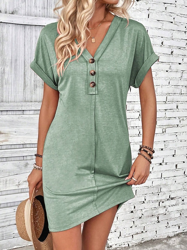  Dames Mini-jurk Zwarte jurk Gebreide jurk Casual jurk Basic Casual Vakantie Dagelijks Normale pasvorm Effen Korte mouw V-hals Grijs-Groen Zwart Blozend Roze Wijn Zomer Lente