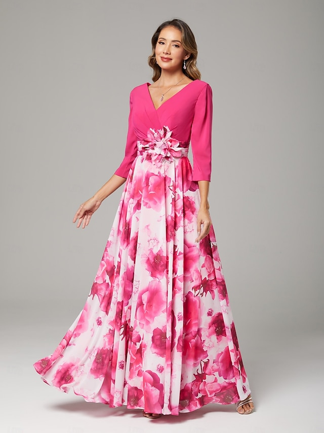  Robe Mère de la Mariée A-Line Robe Élégante Col V Longueur Du Sol En Chiffon Manche 3/4 avec Fleur Robe Derby Robe de Course Invité de Mariage 2025
