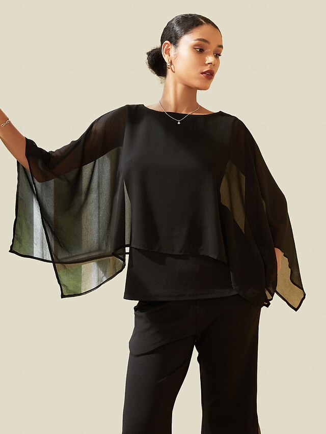  Modal Chiffon Crewneck Cape Sleeveless Top