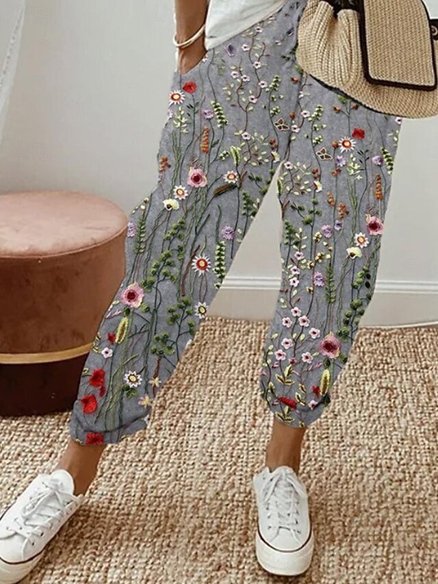 Women's Cotton Linen Pants Baggy Pants Linen Like Elegant Vintage Fashion Full Length High Waist Floral Printing Breathable Soft Micro-elastic Outdoor Daily Linen Like Light Gray Regular Fit4