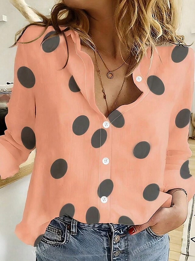 Women's Shirt Button Down Tunic Shirt Collar Long Sleeve Polka Dot Casual Regular Tops Daily s Print Orange Spring Fall4