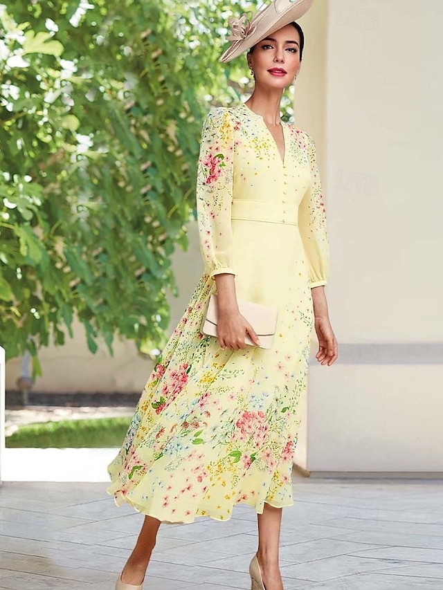  A-Linie Brautmutterkleid Elegantes Einfaches Minimalistisches V-Ausschnitt Blumenmuster bodenlang Chiffon Langarm mit verdeckten Knöpfen Derby Kleid Renntag Kleid Hochzeitsgastkleid 2025