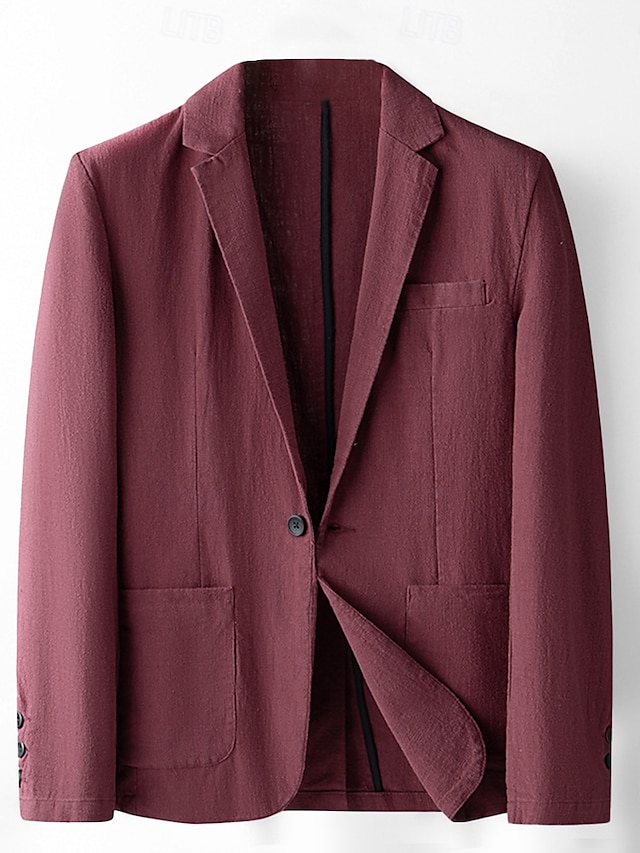  Men's Linen Blazer Suits Wedding Anniversary Vacation Elegant Neutral Spring &  Fall Cotton Linen Solid Color Buttons Comfy Single Breasted One-button Blazer Black Dark Red Navy Blue Green
