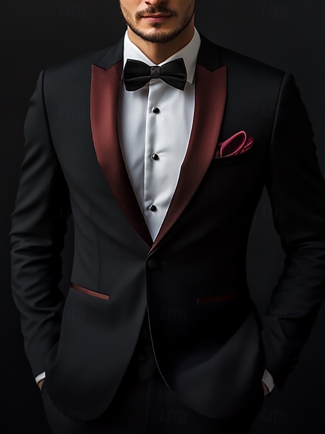  Trajes de Fiesta de Boda para Hombre Trajes de Regreso a Casa Negro Formal de Color Sólido Ajuste Estándar 2 Piezas De Un Solo Botón
