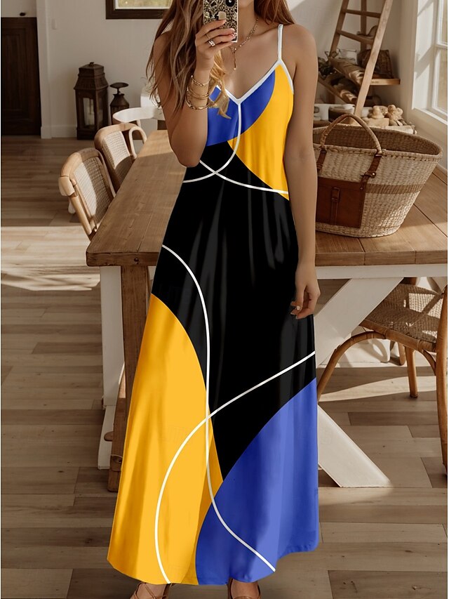  Pentru femei Rochie Maxi Rochie casual Rochie de Vară Rochie A line Rochie de vară Casual Fluid Vacanță Casual Zilnic Fit regulat Grafic Geometric Bloc Culoare Fără manșon În V Galben Vară Primăvară