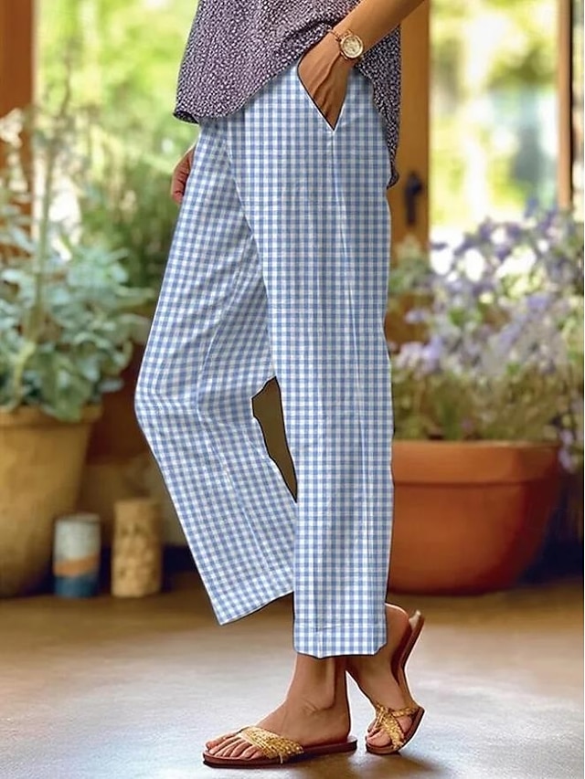  Pantalons en Coton Lin pour Femmes Pantalons Amples Similaires au Lin Mode Streetwear Longueur Complète Taille Haute Imprimé Graphique à Carreaux thermique Chaud Respirant Doux Micro-élastique