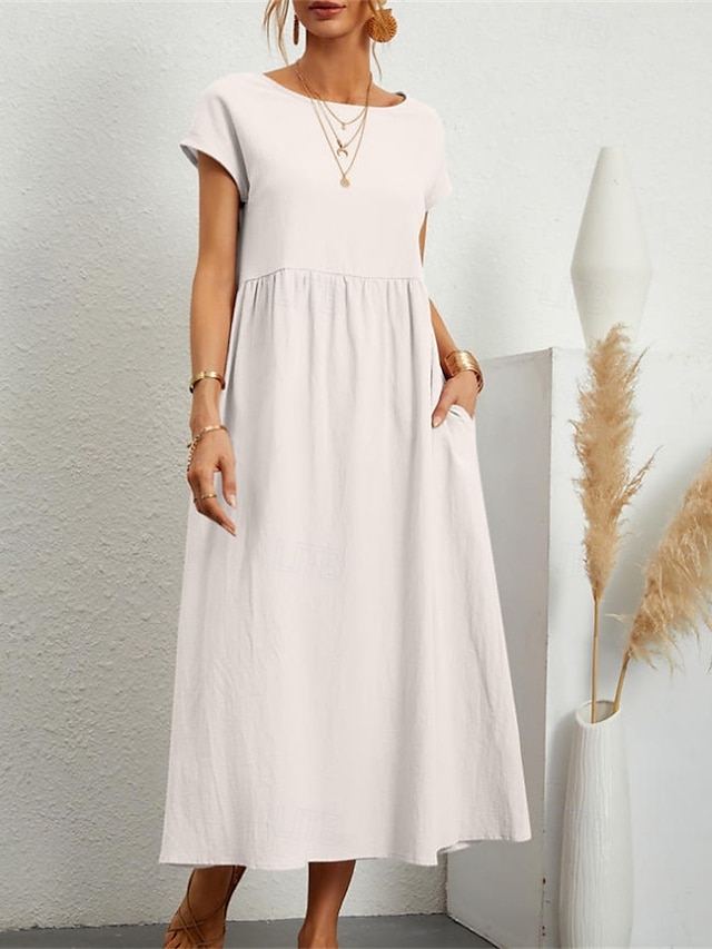  Women's Midi Dress Linen-Inspired Dresses Casual Dress Cotton Linen Dress A Line Dress Stylish Casual Vacation Daily Date Regular Fit Plain Short Sleeve Crew Neck White Pink Orange Summer Spring