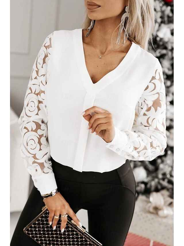  Bluză Pentru femei Negru Alb Culoare solidă / simplă Dantelă Zilnic Elegant În V Fit regulat S