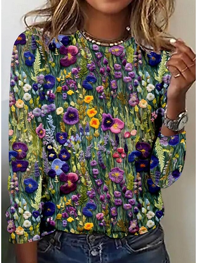 Women's T shirt Long Sleeve Crew Neck Long Sleeve Tunic Floral Elegant Vintage Regular Tops Daily Going out Weekend Print Sage Green Prefall4