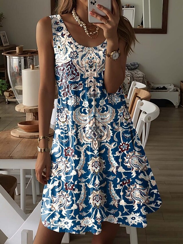Women's Mini Dress  Vintage Dress Casual Dress Petite Dress Sundress Bohemia Vacation Casual Vacation Daily Holiday Regular Fit Graphic Geometric Paisley Sleeveless Crew Neck Blue Summer3