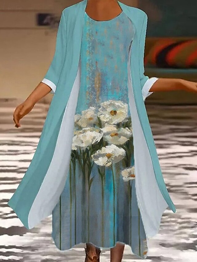 Women's Fashion Streetwear Skirt Sets 3/4 Length Sleeve Bell Sleeve Crew Neck Floral Print Daily Wear Date Blue Purple Light Blue Spring Regular Fit4