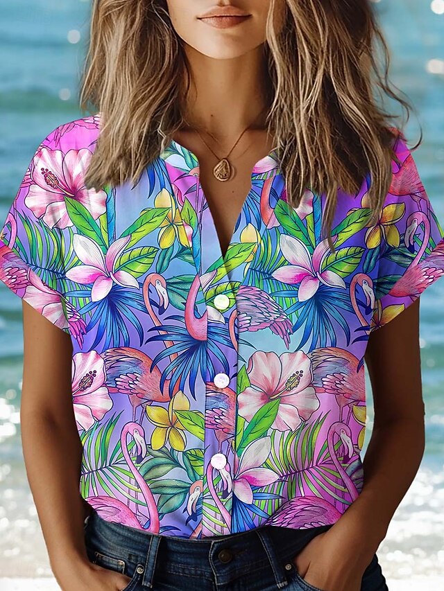  Camicia da Donna Floral Elegante Vintage Tropicale con Maniche Corte Collo Classico Top Regolari Bottoni Stampa Viola Estate