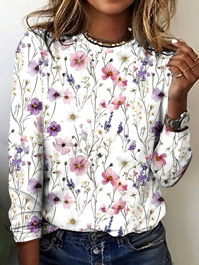 Women's T shirt Crew Neck Long Sleeve Tunic Floral Elegant Vintage  Regular Tops Daily Going out Weekend Print White4