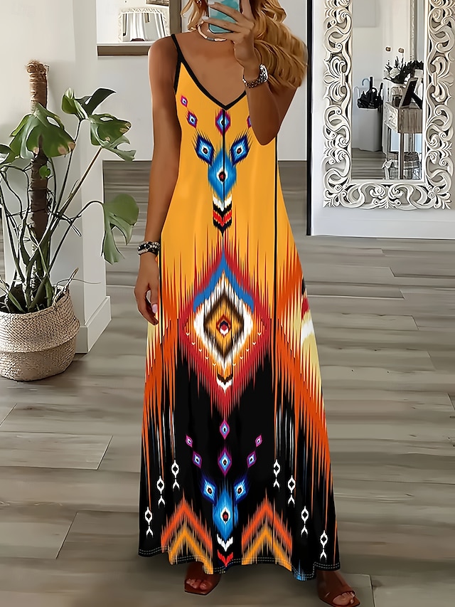  Damskie Sukienka maxi Codzienne sukienki Sukienka A line Sukienka na ramiączkach Bohema Urlop Zabytkowe Urlop Codzienny Regularny Geometryczny Bez rękawów W serek Pomarańczowy Lato