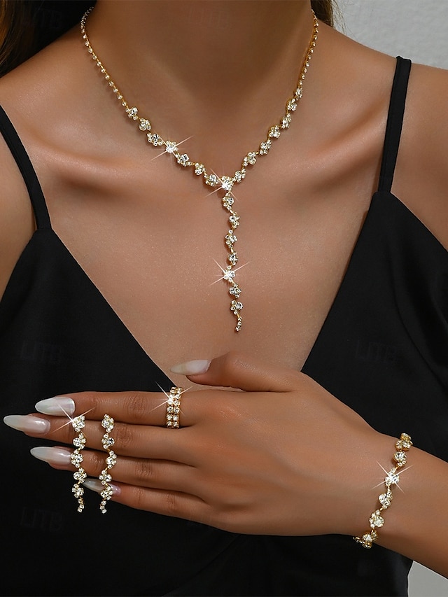  Gold Rhinestone Jewelry Set – Elegant Necklace, Bracelet, and Ring Set for Women, Perfect for Formal Events, Weddings and Special Occasions