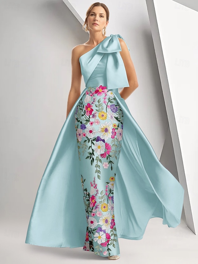  Linha A Vestidos de noite Elegante Vestido Formal Casamento Longo Sem Manga Assimétrico Cetim com Laço(s) Fenda Bordado 2025