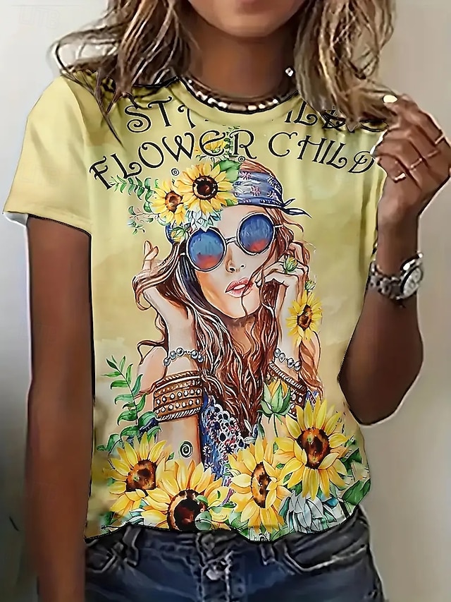  Dame T skjorte Sommertopper Grafisk Solsikke Klassisk Fritid Kortermet Crew-hals Crop Tops Daglig Helg Trykt mønster Regnbue Sommer Vår Høst