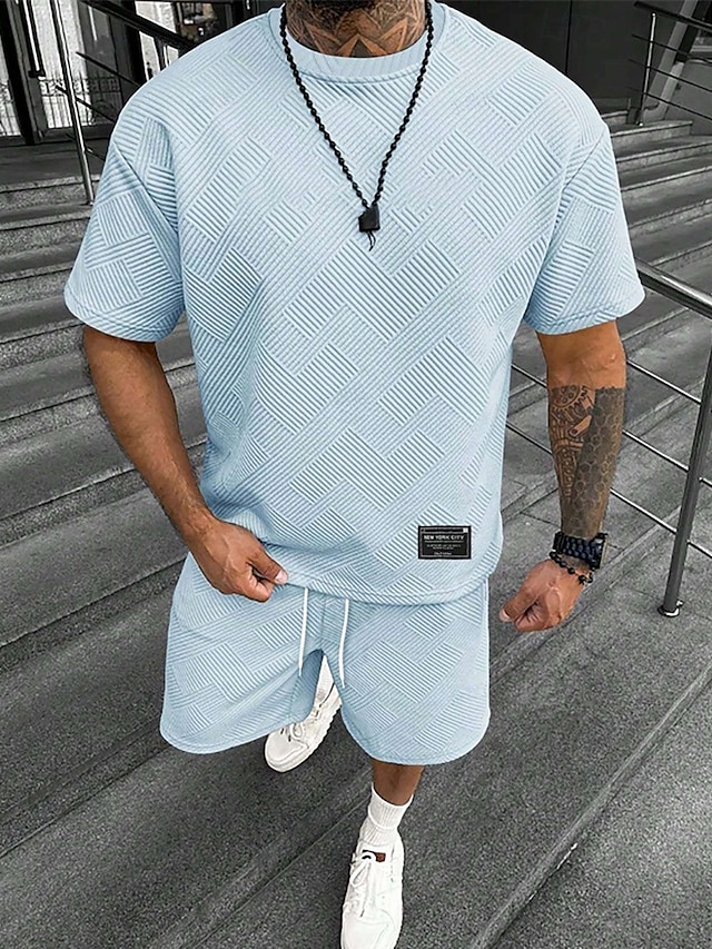  Hombre Jacquard Tracksuit Camiseta y pantalones cortos Conjunto Conjunto de atuendo Cuello Barco Exterior Diario Deportes Bolsillo Correa 2 Piezas Plano Negro Blanco Verde Claro Poliéster Ropa de