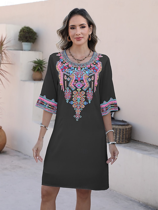  Valentine's Day Women's Normal Mini Dress Boho Chic Dresses A Line Dress Bohemia Stylish Classic Elbow Sleeve Vacation Party Casual Form Fit Floral Plain 3/4 Length Sleeve Crew Neck Black White Summer