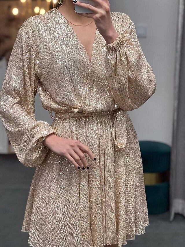 Women's Sequin Dress Mini Dress Champagne Long Sleeve Pure Color Sequins Winter Fall V Neck Vintage Fashion Elegant Puff Sleeve Mesh XL3