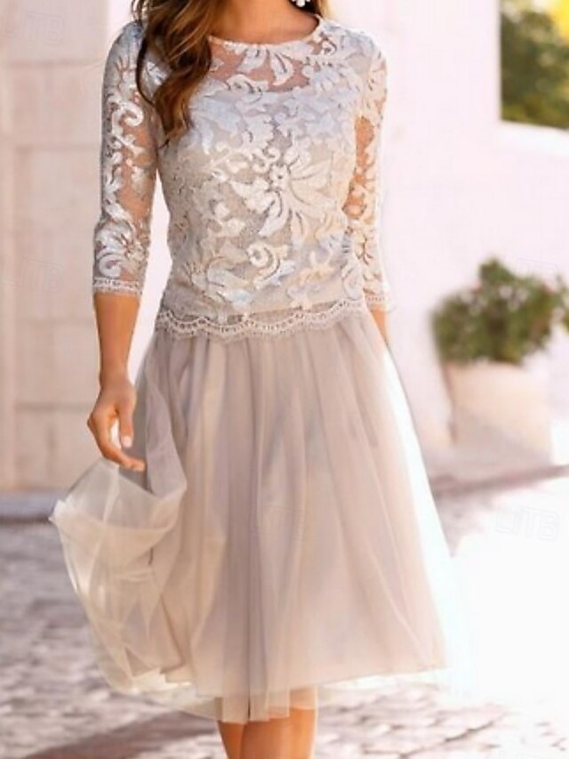 A-Line Mother of the Bride Dress Wedding Guest Elegant See Through Chiffon Lace 3/4 Length Sleeve main image 0