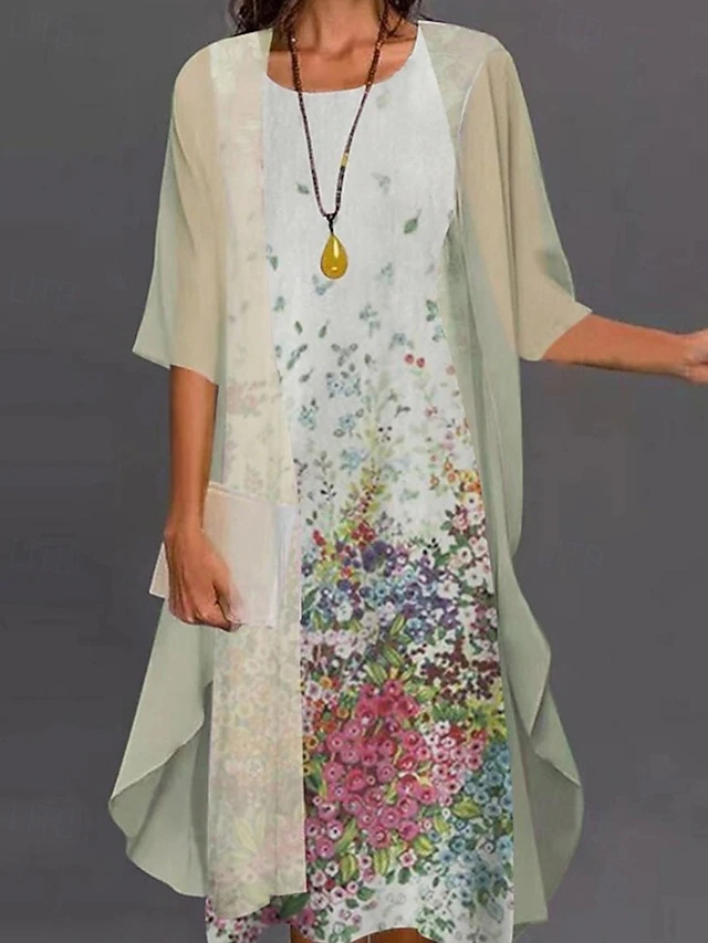 Women's Fashion Streetwear Skirt Sets 3/4 Length Sleeve Crew Neck Printing Print Daily Wear Date Light Green Purple Green Spring Regular Fit4