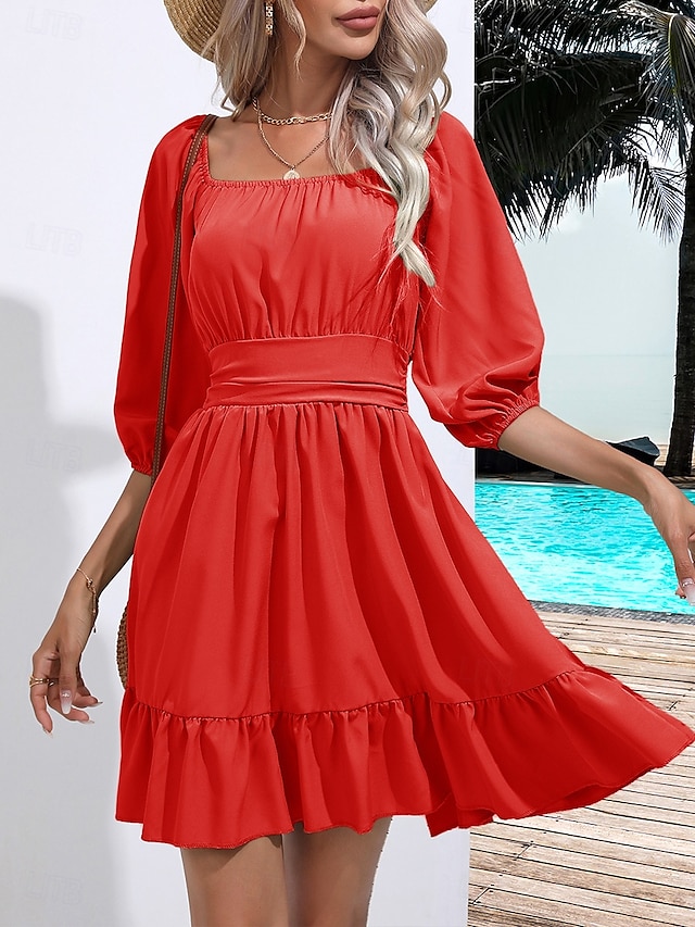  Women's Mini Dress A Line Dress Milkmaid Dress Off The Shoulder Dress Puff Sleeve Dress Vacation Vacation Daily Regular Fit Plain Half Sleeve Square Neck Black White Light Green Pink Summer