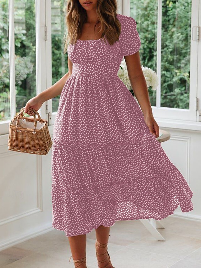  Women's Midi Dress Corset Dress A Line Dress Milkmaid Dress Puff Sleeve Dress Stylish Casual Vacation Daily Regular Fit Graphic Short Sleeve Square Neck Pink Navy Blue Blue Purple Summer