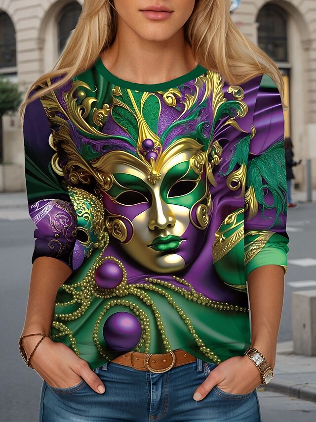 Mardi Gras Women's T shirt Crew Neck Long Sleeve Tunic Graphic Casual  Regular Tops Daily Print Green Spring Fall4