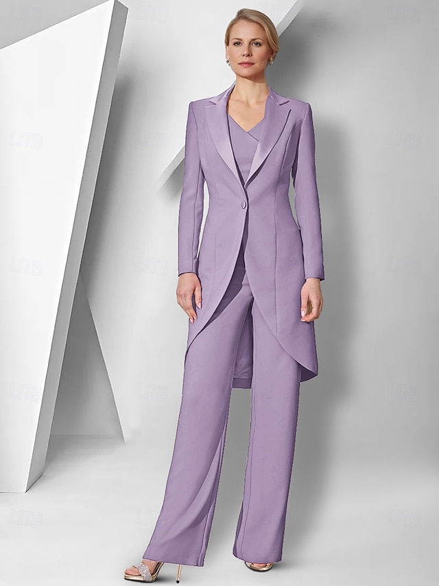  Pantsuit 3 Piece Mother of the Bride  Elegant V Neck Floor Length Stretch Fabric Long Sleeve Wrap Included with Solid Color 2025