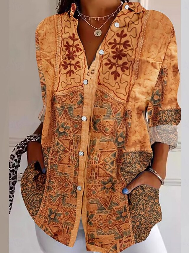 Women's Shirt Button Down Tunic Shirt Collar Long Sleeve Floral Casual Regular Tops Work Daily s Print Yellow Spring Fall Winter4