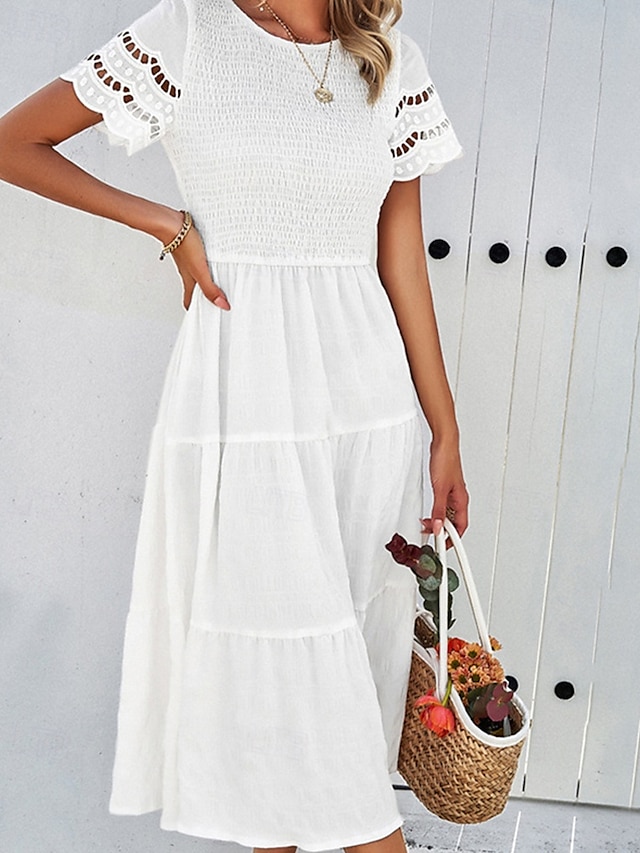  Pentru femei Rochii Midi Rochie albă Rochie de dantela Rochie casual Rochie de vară Modă În aer liber Concediu Dată Fit regulat Simplu Manșon scurt Stil Nautic Negru Alb Trifoi Vară Primăvară