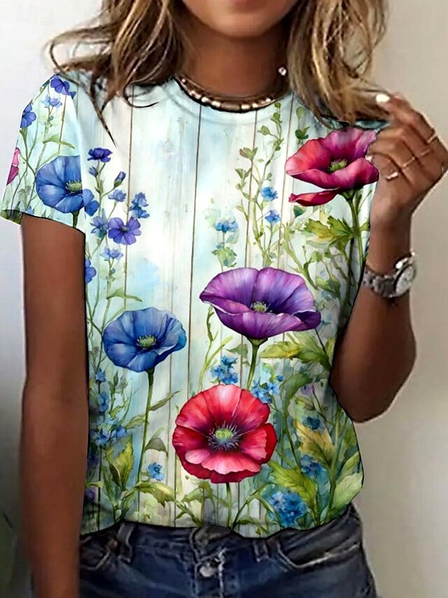  Per donna maglietta Floreale Pop art Elegante Vintage Di tendenza Manica corta Rotonda Top regolari Giornaliero Per uscire Fine settimana Stampa Blu Estate