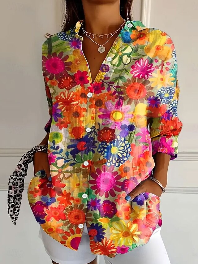 Women's Shirt Button Down Tunic Shirt Collar Long Sleeve Floral Casual Regular Tops Work Daily s Print Red Spring Fall Winter4