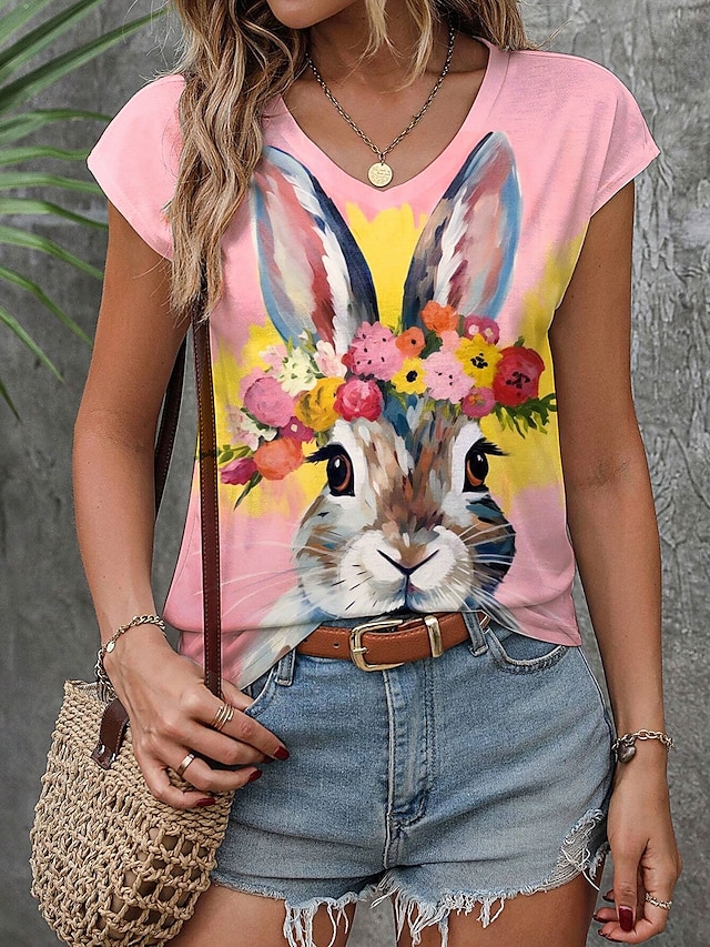  Påskedame Camisole Tank Topp Grafisk Dyr Stilig Uformell Uten Ermer V U-hals Vanlige Topper Daglig Trykk Rosa Sommer