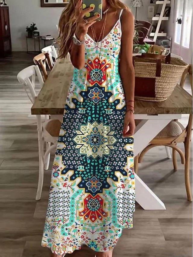  Kvinnors maxi klänning solklänning A-linje klänning sommarklänning bohemisk semester vintage semester casual daglig regular fit geometrisk ärmlös v-neck grön sommar vår