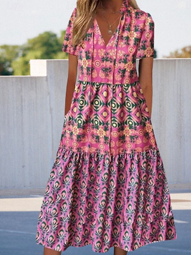  Femme Robe mi-longue Robe casual robe boheme mode Décontractées Vacances Casual du quotidien Ample Floral Manche Courte Col V Rose Claire Eté Printemps