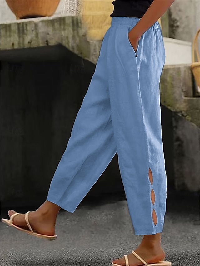  Women's Cotton Linen Pants Chinos Fashion Streetwear Ankle-Length High Waist Plain Pocket Elastic Waistband Comfy Soft Comfortable Micro-elastic Outdoor Street dark brown Deep Green Wine Robin's Egg