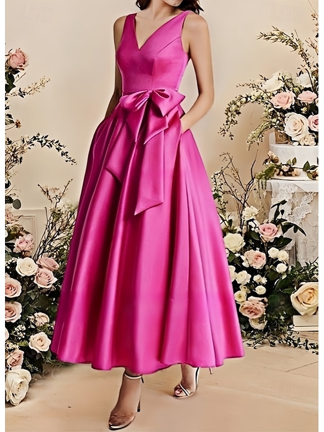  A-Linie Brautjungfernkleid V-Ausschnitt Ärmellos Elegant Knöchellänge Satin mit Schleife(n)  Falten