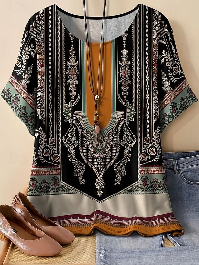 Women's Linen-Inspired Shirts T Shirt Summer Tops Graphic Geometric Vintage Ethnic Casual Short Sleeve Round Neck Regular Tops Daily Going out Weekend Patchwork Print Black Summer Spring4