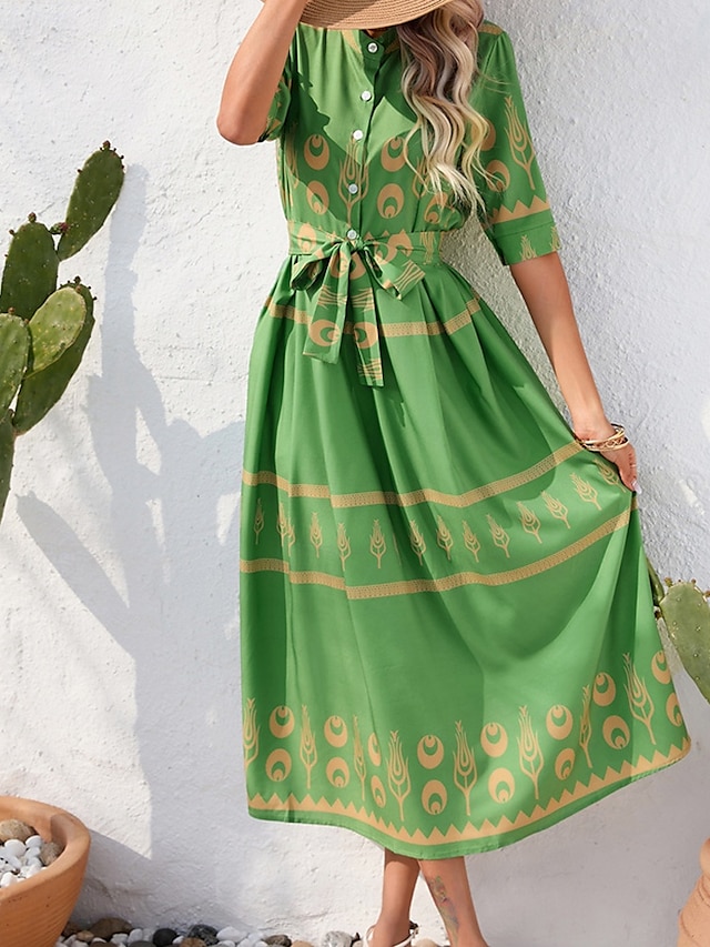  Pentru femei Rochie Lunga Rochie Maxi Rochie casual Rochie de vară Rochie Boho Modă În aer liber Concediu Dată Fit regulat Vopsire Lungime Manșon 3/4 Guler Cămașă Negru Alb Trifoi Vară Primăvară
