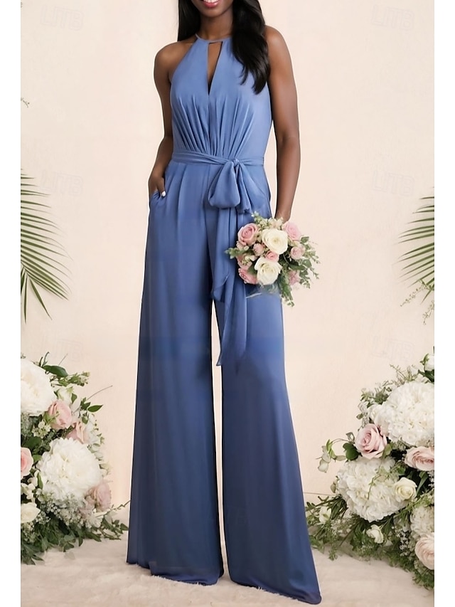  Jumpsuits Bridesmaid Dress Jewel Neck Sleeveless Elegant Floor Length Stretch Fabric with Sash / Ribbon / Ruching