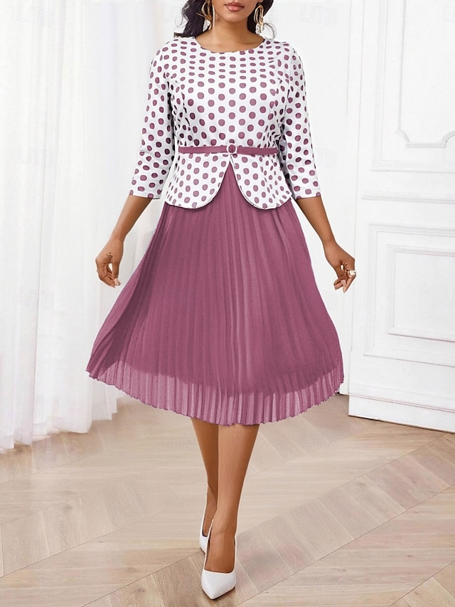  Femme Robe Ensemble Robe casual Jupe Ensemble Décontractées Pois Patchwork Imprimer Robe mi-longue Manches 3/4 Col Ras du Cou Extérieur du quotidien Rose Claire Eté Printemps Standard
