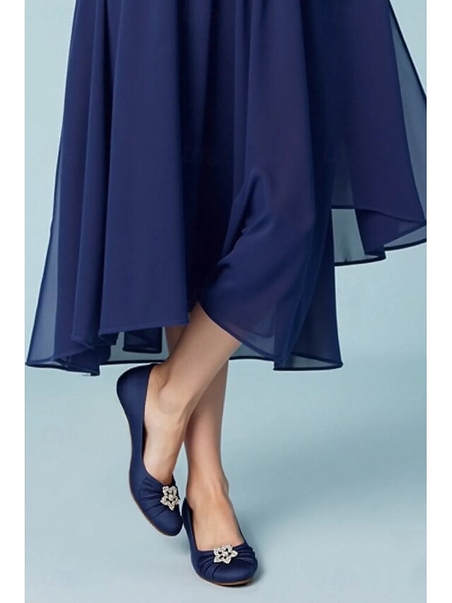 Women's Navy Blue Satin Ballet Flats with Rhinestone Embellishment - Elegant Wedding and Evening Shoes 10