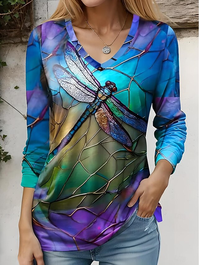 Women's T Shirt V Neck Long Sleeve Tunic Animal Rainbow Color Gradient Elegant Vintage Regular Tops Daily Print Blue Summer Spring Fall4