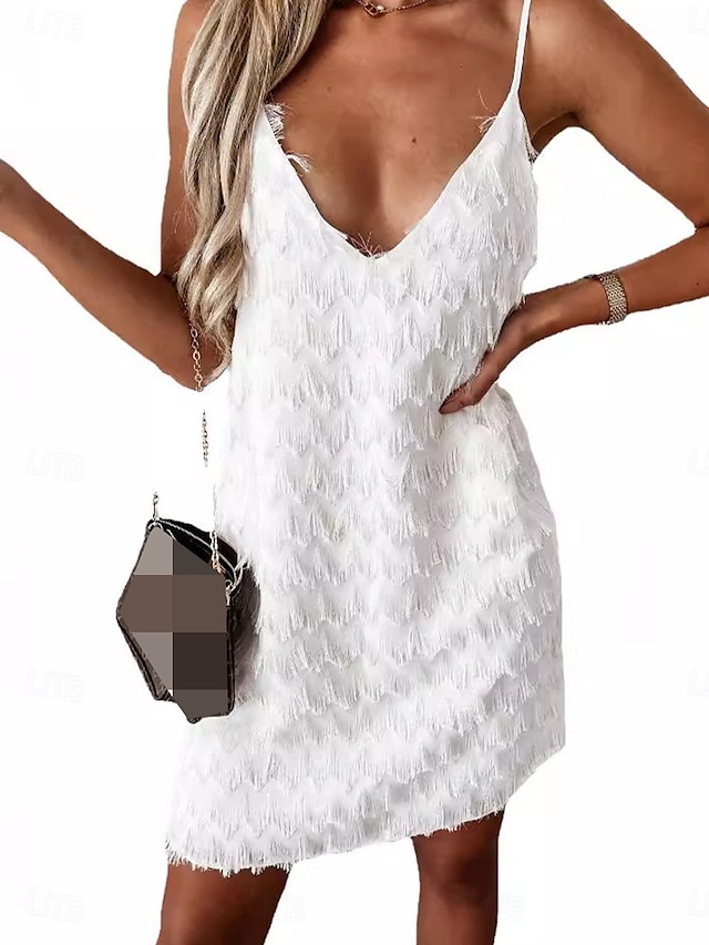  Damen Minikleid Weißes Kleid Casual kleid Chiffon-Kleid Cami-Kleid Basic Brautkleider schlicht Urlaub Täglich Regular Fit Glatt Ärmellos V Ausschnitt Weiß Sommer