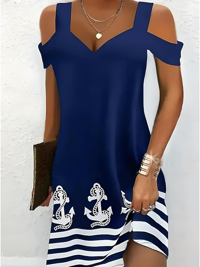  Women's Midi Dress T Shirt Dress Tee Dress Sundress Summer Dress Midi Dress Vacation Vintage Tropical Vacation Party Holiday Regular Fit Stripe Short Sleeve Sweetheart Dark Blue Summer Spring