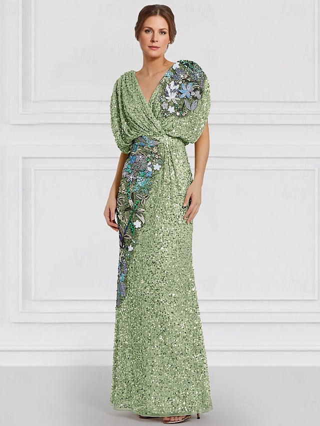  Grønn Kolonne Kveldsdrakt Brodert Elegant Kjole Formell Bryllup Gulvlengde Kortermet Juvel Hals Pailletter med Glitrende