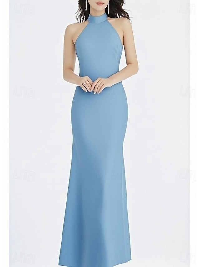  Sirène / Trompette Robe de Demoiselle d'Honneur  Col Halter Manche Courte Élégant Longueur au sol Satin avec Noeud(s) 2022